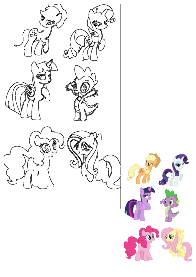 My Little Pony character outlines and colorful cartoon images including Applejack, Rarity, Twilight Sparkle, Spike, Pinkie Pie, Fluttershy.