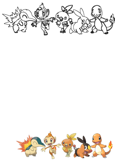 Fire Pokemon characters Cyndaquil, Chimchar, Torchic, Tepig, and Charmander displayed as both uncolored outlines and vibrant full-color illustrations.