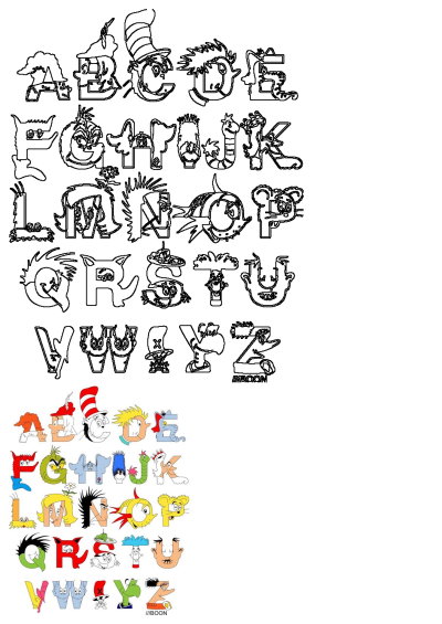 A complete Dr. Seuss alphabet, showcasing imaginative colorful letters from A to Z, with their black outline versions.