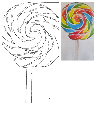 Colorful Lollipop Drawing On A Stick, showcasing a vibrant rainbow swirl design, presented next to its black outline version.