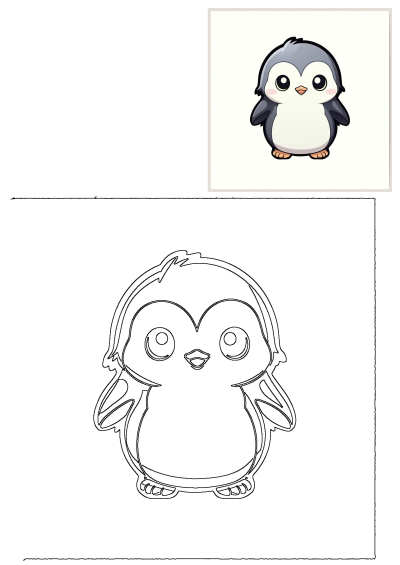 Charming illustration of a cute, fluffy penguin with big, expressive eyes and rosy cheeks, paired with its outline art for coloring.