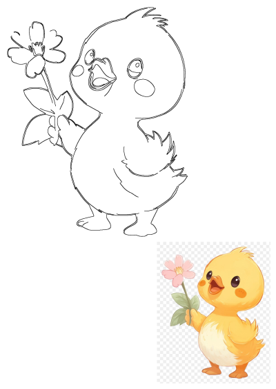 Adorable yellow chick illustration happily holding a pink flower. This baby bird design is perfect for spring themed projects.