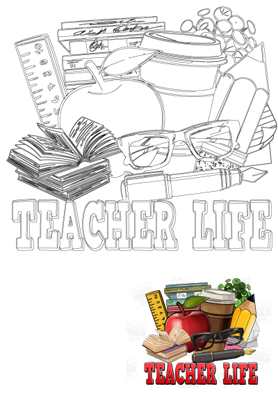 Teacher life illustration featuring books, glasses, apple, coffee, pen, pencil, and ruler.
