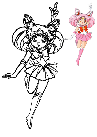 Line art of Sailor Chibi Moon, a cute anime character, striking a pose in her iconic uniform.