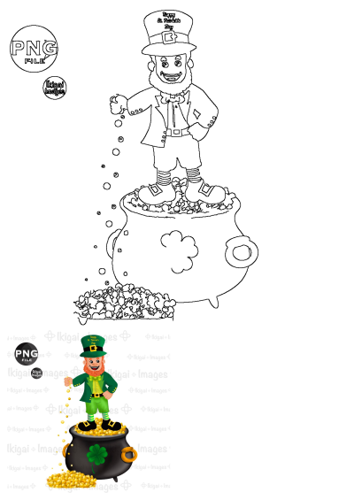 A cheerful leprechaun in green stands on an overflowing pot of gold coins, celebrating St. Patrick's Day with Irish luck.