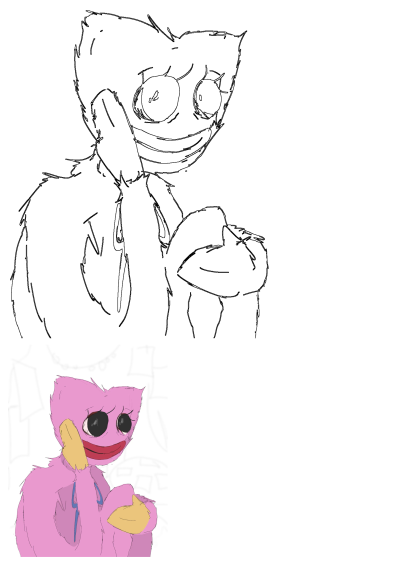 Kissy Missy fan art from Poppy Playtime. Features a detailed black and white sketch and a smaller, partially colored illustration of the character.