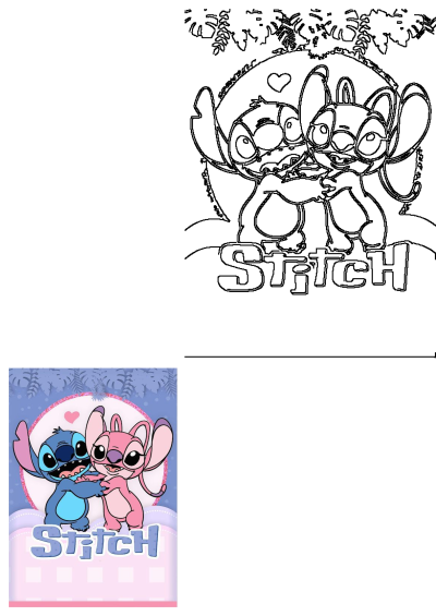 Stitch and Angel, the adorable Disney aliens, share a loving hug in this vibrant cartoon image with a heart and tropical backdrop.