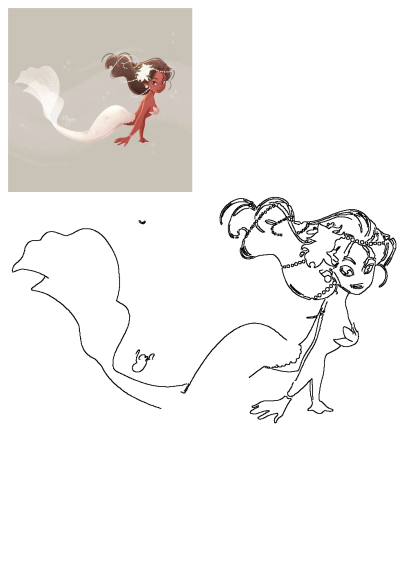 Cartoon mermaid with long dark hair, adorned with pearls and a white flower, gracefully floating in a serene underwater scene.