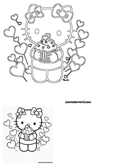 An adorable outline drawing featuring Hello Kitty holding a cute Valentine's cupcake, surrounded by many hearts on sticks.