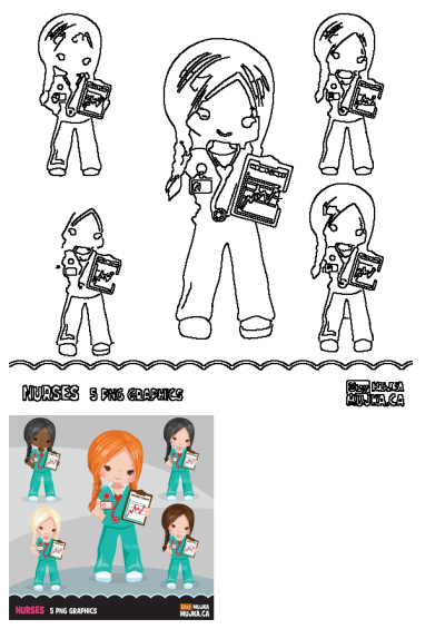 Nurse Clipart Set Nurses Holding Clipboards features diverse cartoon nurses. Includes colorful PNG graphics and black outline versions with stethoscopes and patient charts.