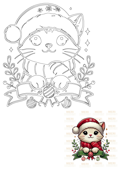 Outline drawing of a cute Christmas cat wearing a Santa hat and scarf, surrounded by festive ornaments and mistletoe, holding a banner.