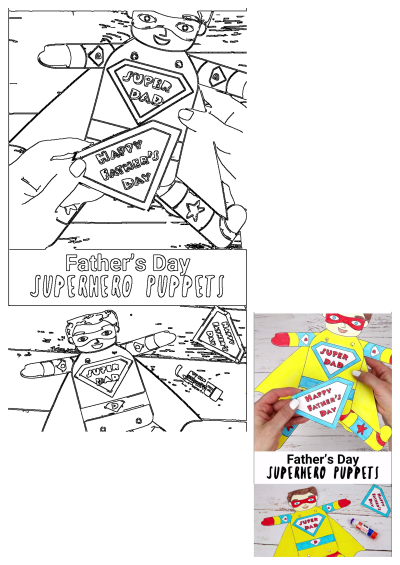 Celebrate Father's Day with this vibrant superhero paper puppet craft, featuring 'Super Dad' and 'Happy Father's Day' signs.