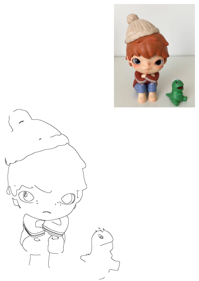 A cute sad boy figurine with red hair, wearing a beanie and red sweater, sits next to a green toy frog on a white surface.
