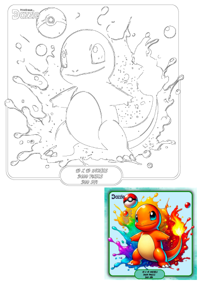 Colorful Charmander Pokemon Card Art depicts a vibrant Charmander with a flaming tail amidst rainbow paint splashes and a Poké Ball, alongside its outline template.