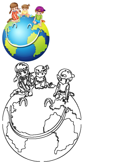 An illustration of diverse children happily sitting on a smiling Earth globe, representing global awareness and education.