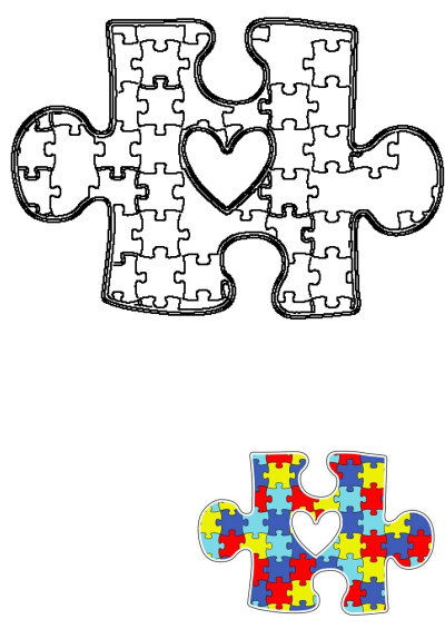 Colorful puzzle pieces forming a heart-shaped connection with red, yellow, and blue hues, alongside a black outline version.