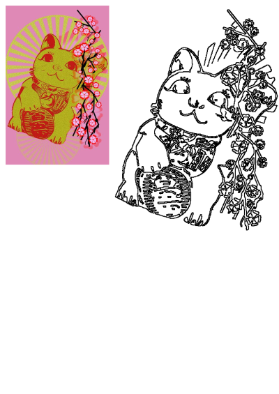 Cait Von Schnetlage's Lucky Cat tattoo art print in golden hues with cherry blossoms, presented alongside a black outline version.