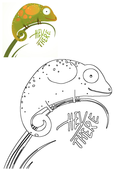 A vibrant green chameleon with orange spots smiles on a branch, its tail curled. Features the friendly 'Hey There' greeting.