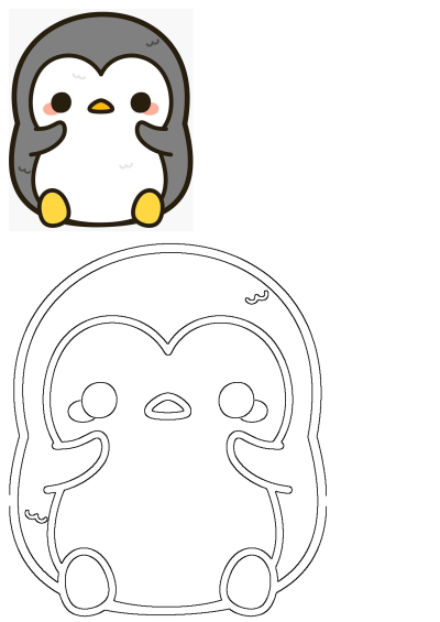 Cute Cartoon Penguin Illustration, a delightful kawaii-style baby penguin with grey, white, and yellow colors, accompanied by its outline version.