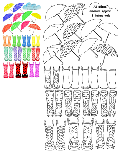 A vibrant collection of polka dot umbrellas and rain boots clipart, featuring various colors and outline designs for weather themes.