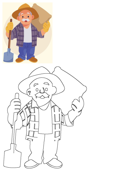 Cartoon illustration of an old farmer wearing a hat, plaid shirt, and gloves, holding a shovel and a sack over his shoulder.
