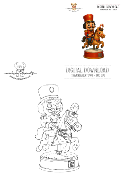 Christmas Nutcracker on a festive carousel horse. Vibrant illustration and outline versions for digital download, transparent PNG, 300 DPI.