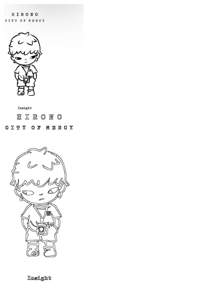 Hirono City Of Mercy Insight album art featuring a monochrome cartoon boy with a camera, presented alongside its line art version.