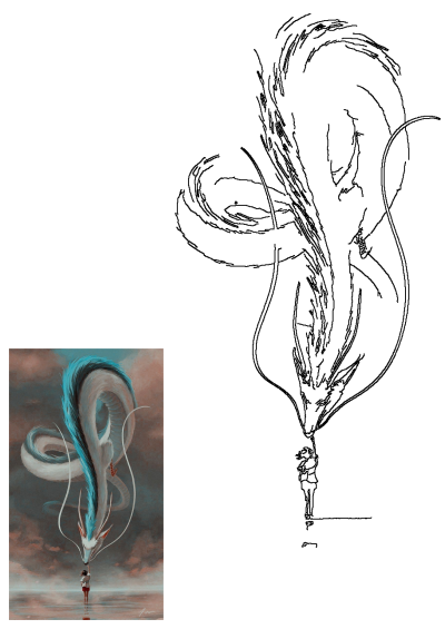 Spirited Away anime illustration featuring Chihiro touching Haku the dragon's nose in a beautiful, serene setting. Studio Ghibli art.