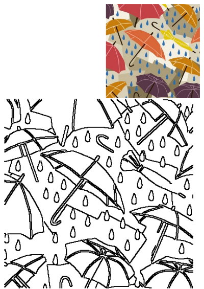 A lively seamless pattern design showcasing a variety of colorful red, orange, yellow, and purple umbrellas with blue raindrops.