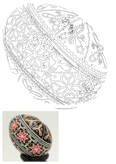 Detailed line art of an ornate Easter egg design paired with a photo of the vibrantly painted Pysanky egg on a black stand.