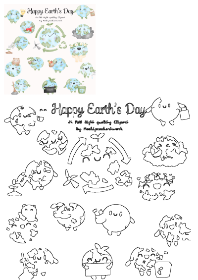 Charming Happy Earth Day clip art set featuring smiling Earth characters, animals, and plants promoting recycling and sustainability.