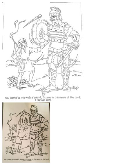 Outline drawing of the David and Goliath Bible story showing young David with a sling facing giant Goliath in armor.