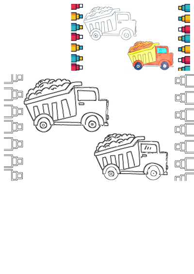 Vibrant colored dump truck and outlines for drawing, framed by a colorful pencil border.