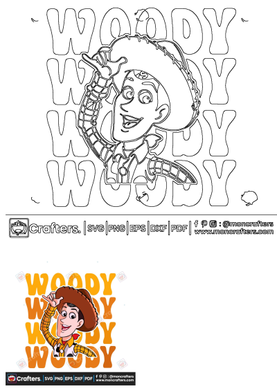Smiling Woody Toy Story character outline illustration, tipping his cowboy hat, with repeated 'WOODY' text in the background. Digital graphic.