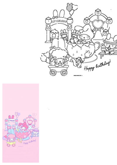 My Melody birthday kawaii wallpaper featuring My Sweet Piano, Flat, and friends on a pink background with festive party decorations.