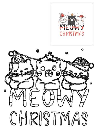 Three cute cartoon cats in Santa hats with string lights, featuring 'MEOWY CHRISTMAS' text. A charming festive design.