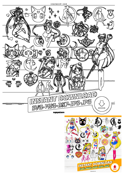 Sailor Moon character SVG, DXF, EPS, PNG, JPG digital bundle. Includes Usagi, Luna, wands, and symbols for various craft projects.