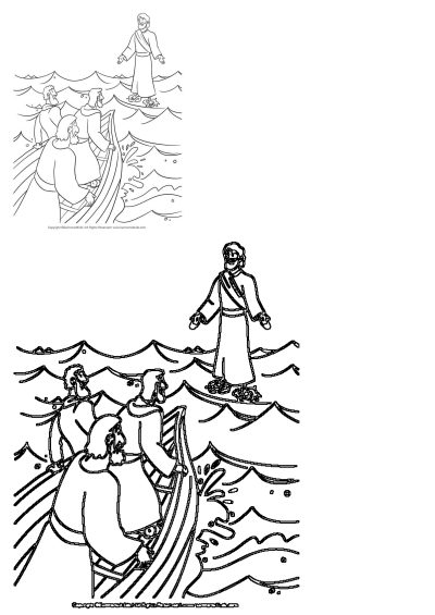 Line art of Jesus walking on rough water, reaching out to his disciples who are in a boat. Perfect for biblical lessons.