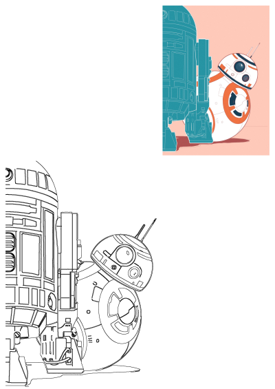 Star Wars BB-8 peeks from behind blue R2-D2 against a pink background in this colorful illustration, also showing a line art version.