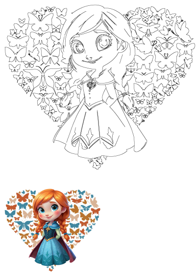 Cute cartoon Anna from Frozen, with her signature braids and blue dress, smiles against a vibrant heart-shaped background of colorful butterflies.