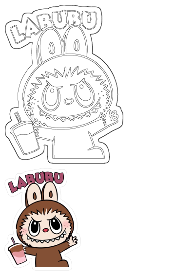 A charming Labubu rabbit character sticker, brown with pointed ears and a mischievous grin, happily holding a two-toned beverage with a straw.