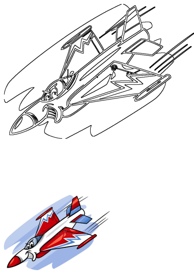 Funny cartoon jet fighter plane illustration showing a red, white, and blue aircraft with a goofy face, plus a clear line art version.