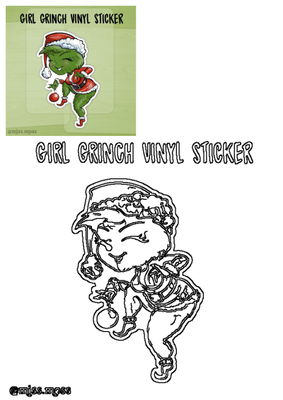 Cute girl Grinch vinyl sticker in a Santa hat and red dress, holding a Christmas ornament. Perfect for festive holiday crafts.