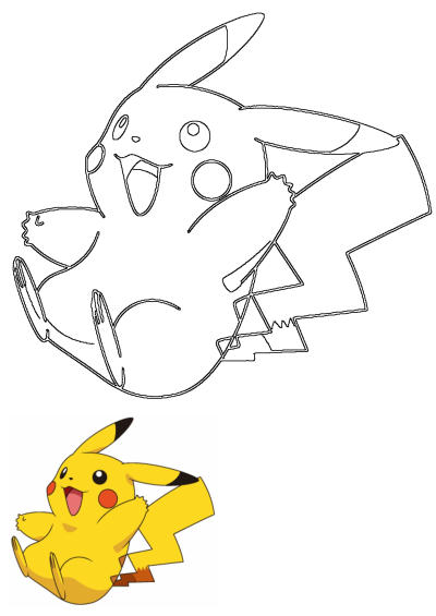 Cute Pikachu sitting with arms up, smiling. The image presents a detailed outline and a smaller, vibrant colored reference.