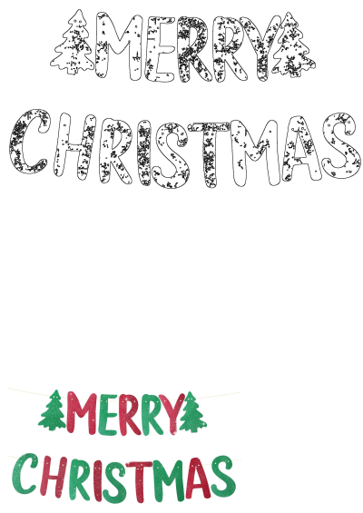 Festive Merry Christmas banner in red and green glitter, accompanied by an outline design featuring Christmas trees for crafts.
