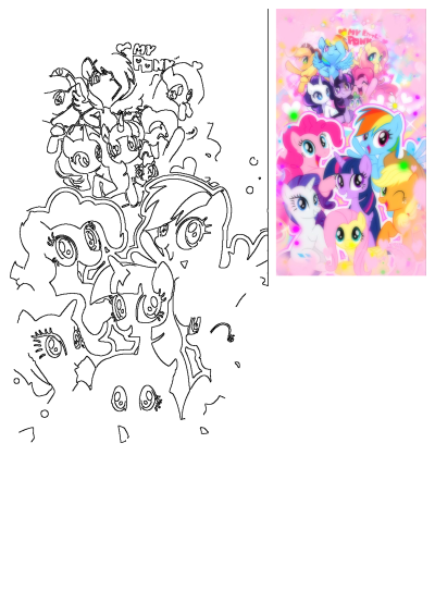My Little Pony Friendship Is Magic Cartoon Characters featuring the main cast in a black outline drawing and a vibrant colorful illustration.