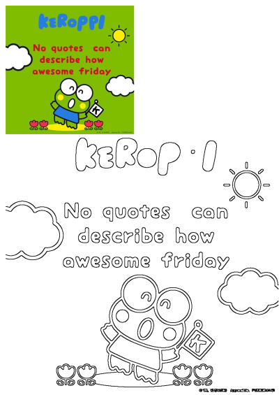 Keroppi, the cheerful green frog, celebrates an 'awesome Friday' with sun and clouds on a vibrant green background. A fun cartoon character illustration.