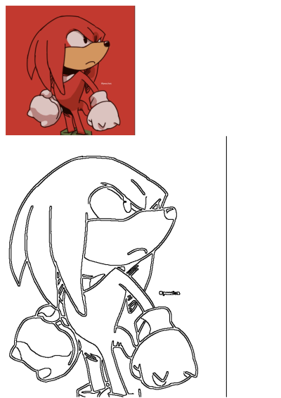Cartoon Knuckles the Echidna character with a fierce expression, depicted in vibrant red with white gloves, including a line art version.