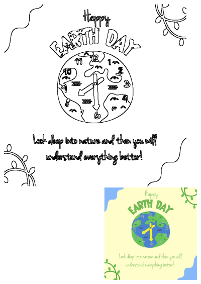 A Happy Earth Day outline featuring a globe-shaped clock, an inspiring nature message, and decorative leaves, perfect for celebration.