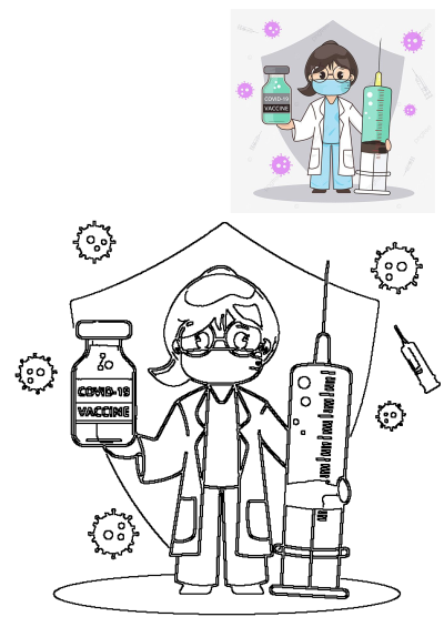 Covid 19 Vaccine Doctor Cartoon Illustration depicts a masked female doctor holding a vaccine vial and syringe, ready to fight the virus.